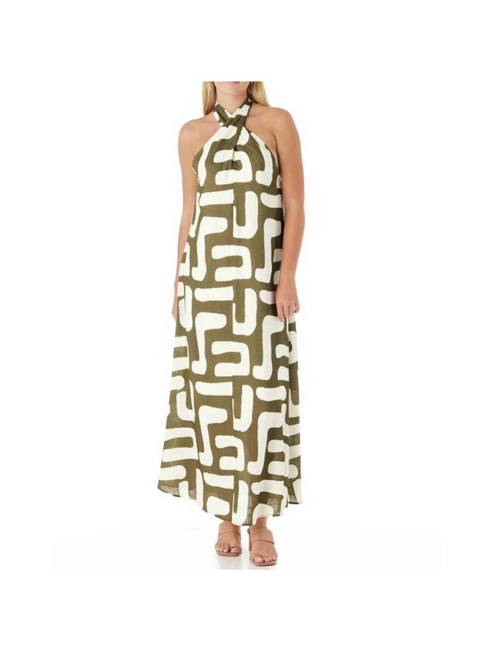 CROSBY by Mollie Burch Cleo Abstract Print Tie Halter Linen Blend Maxi Dress L